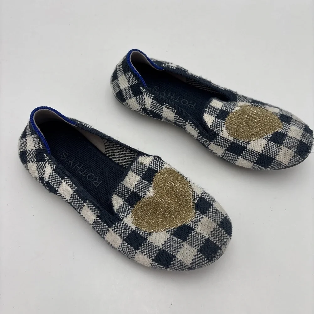 Rothy's Gingham Heart Blue/White Plaid Girl's Slip On Loafers Size 1‎